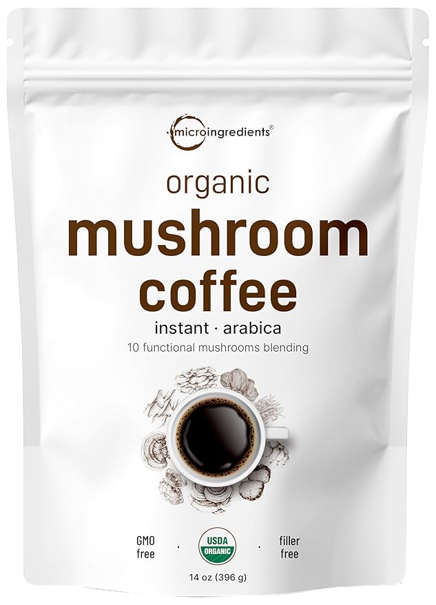 Organic Instant 10 in 1 Mushroom Coffee Powder, 14 Ounce (158 Servings) | Weight & Immune Support |