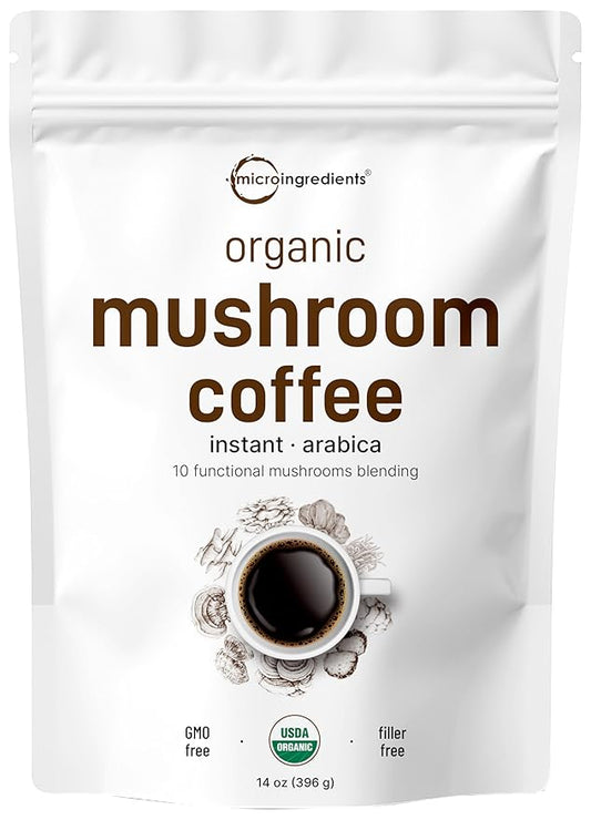 Organic Instant 10 in 1 Mushroom Coffee Powder, 14 Ounce (158 Servings) | Weight & Immune Support |