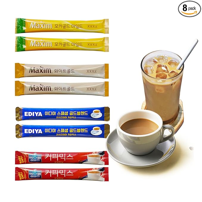 Korean 3 in 1 Instant Coffee Mix Variety Sample Packets - 8 Sticks of 4 Different Flavors.Camping