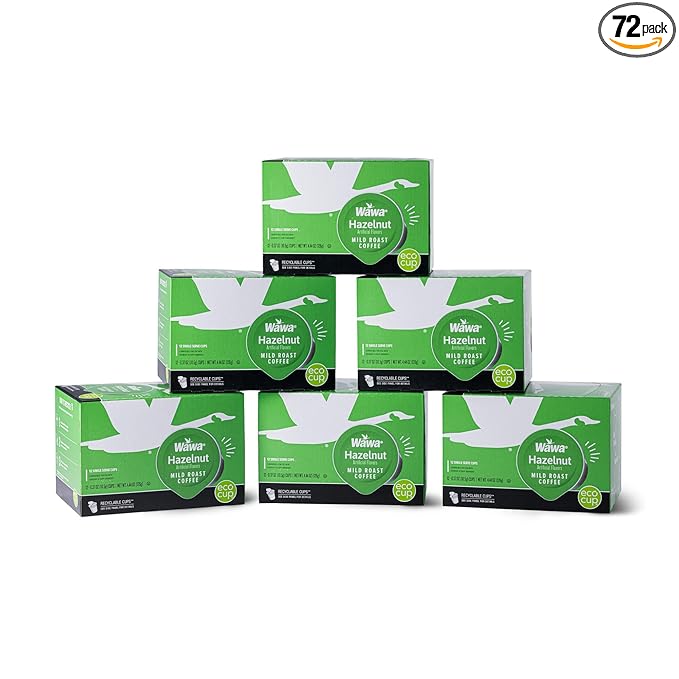 Wawa Mild Roast Single Cup Hazelnut Coffee Pods, 72 Pods, 6 Boxes, Lightly Roasted, Nutty Smooth