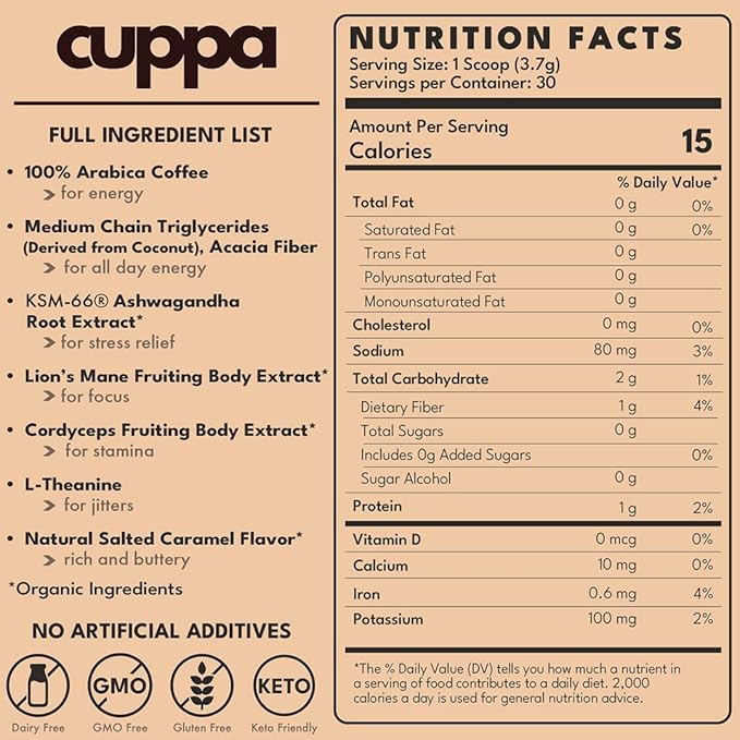 Cuppa Salted Caramel Healthy Mushroom Insant Coffee with Lion's Mane & Ashwagandha for All Day