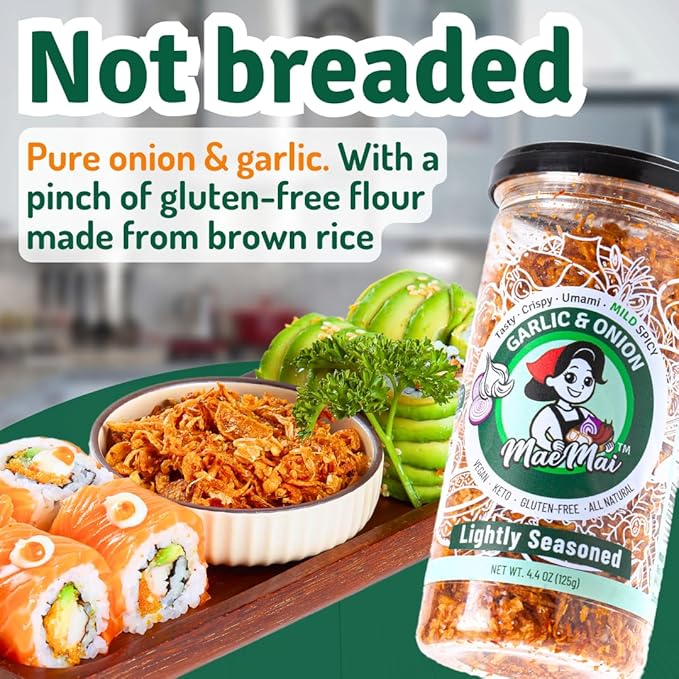 MaeMai MILD Spice - Crispy Onions & Garlic Flakes - Keto, Healthy Seasoning, Salad Toppings, Fried