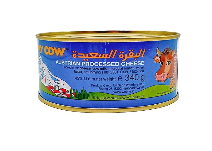 Happy Cow Halal Austrian Processed Cheese 12 OZ (340g) Easy Open Can, Rich Cheddar Flavor, Long