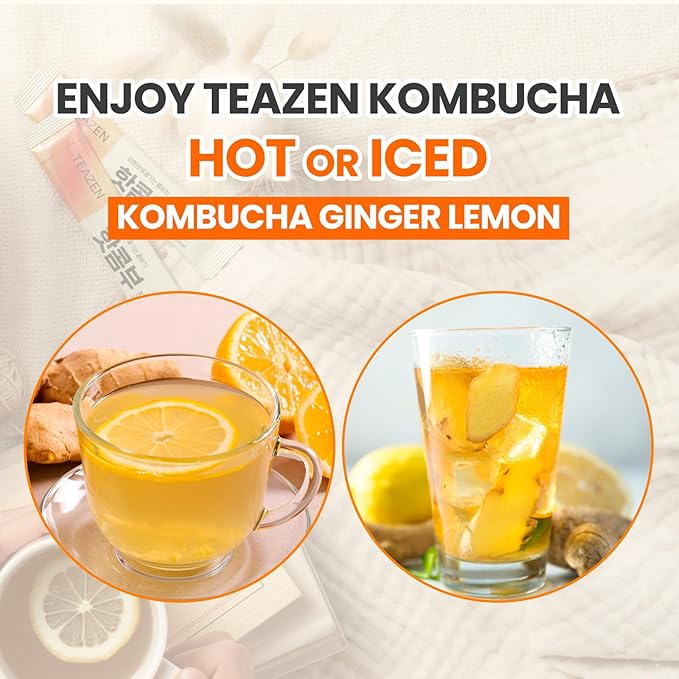 TEAZEN Lemon Ginger Hot Kombucha Tea, Live Probiotics & Postbiotics, Relaxation and Warmth for