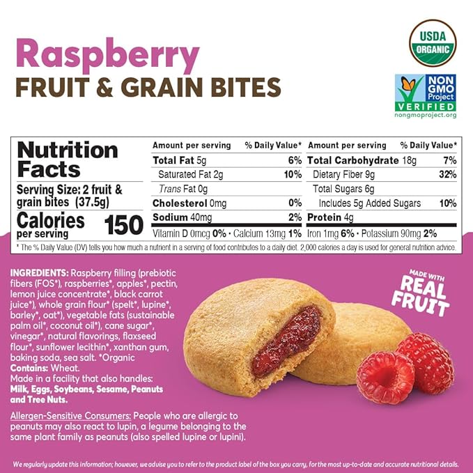 Olyra Raspberry Organic Fruit Snacks, Healthy Snacks for Adults and Kids, High Fiber Cookies, Low