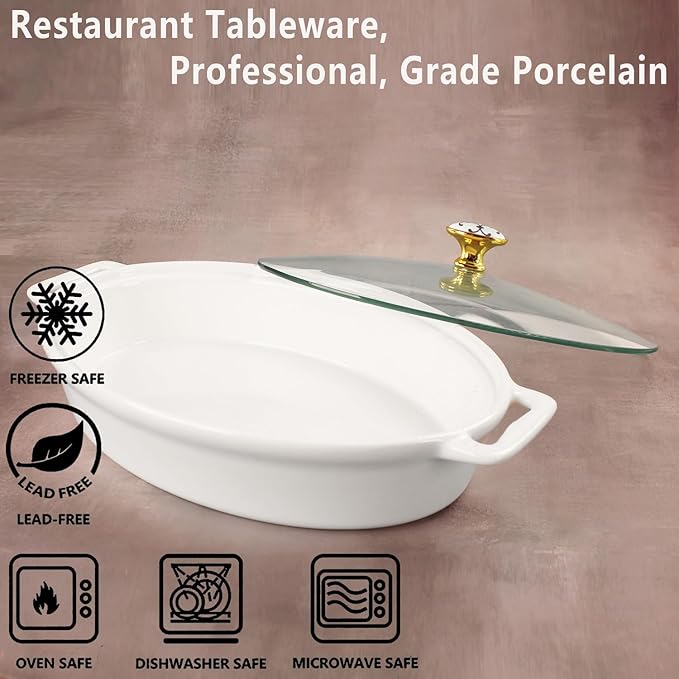 10" x 7" Ceramic Oval Casserole Dish with Glass Lid, 30 Ounce White Serving Soup Tureen,Chafing
