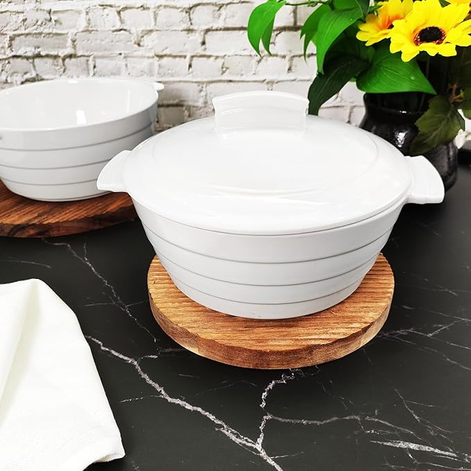 Casserole Dish 1.32 Quart French White Ceramic Bakeware Set with Lids, Chip and Crack Resistant