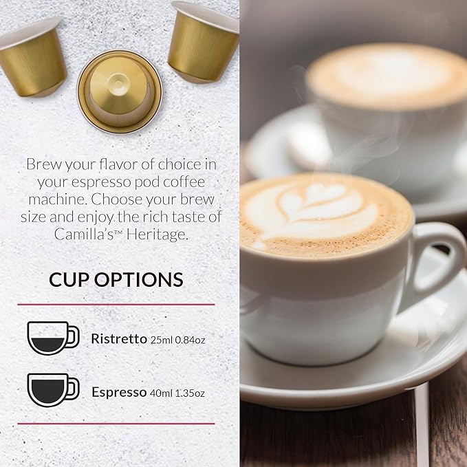 Camilla’s Heritage - Intensity 8 Caramel Flavored Espresso Coffee, Gourmet Espresso Cups, 60 Coffee