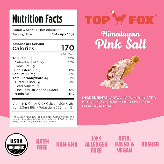 Top Fox Snacks Pumpkin Seeds to Eat (Himalayan Pink Salt, 5.5 oz – 2 Pack) - Gluten Free Snacks
