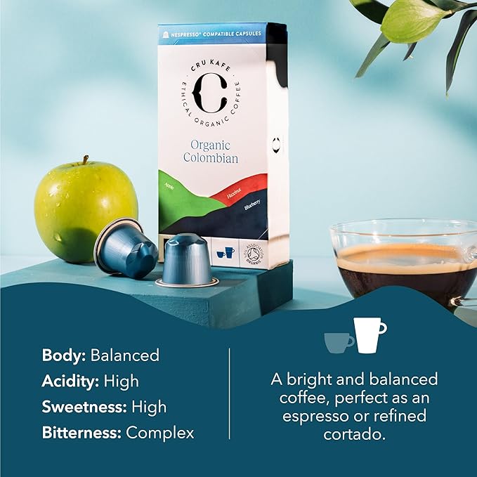 Cru Kafe Colombian USDA Organic Espresso Coffee Capsules (50 Pods) Fairtrade Coffee Pods Compatible