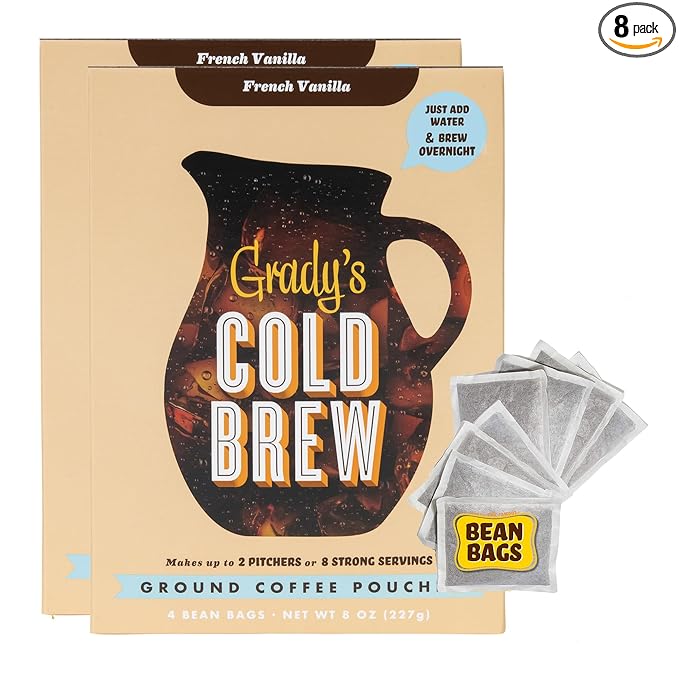 GRADY’S COLD BREW, French Vanilla, 100% Arabica Ground Coffee & Chicory Pouches, TWO Bundles of 4