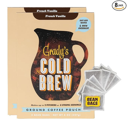 GRADY’S COLD BREW, French Vanilla, 100% Arabica Ground Coffee & Chicory Pouches, TWO Bundles of 4