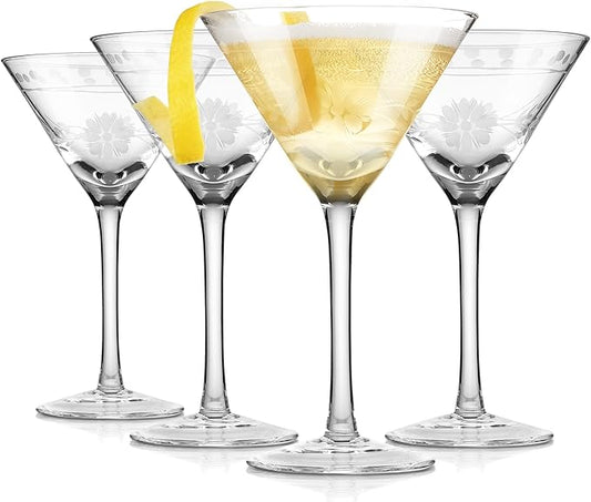 Premium Delight Vintage Cocktail Glasses Set of 4, 9.6 oz – Hand-Blown with Etched Long Stem
