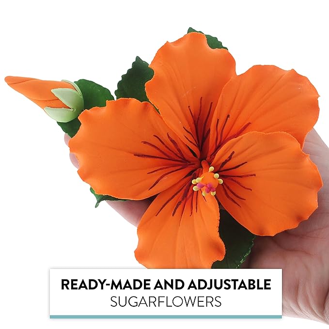 Global Sugar Art Hibiscus Sugar Cake Flowers Spray, Orange Hawaiian Cake Flower Large, 1 Count by