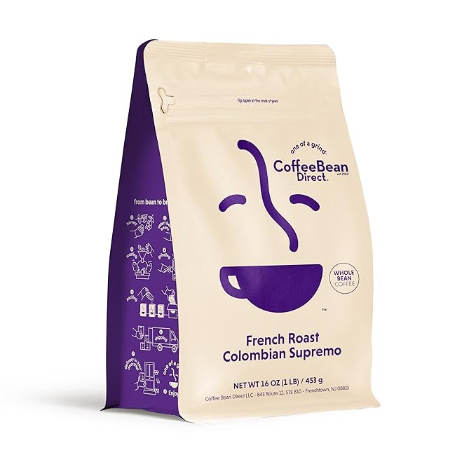 Coffee Bean Direct French Roast Colombian Supremo, Whole Bean Coffee, Dark Roast, 1 Pound Bag (Pack