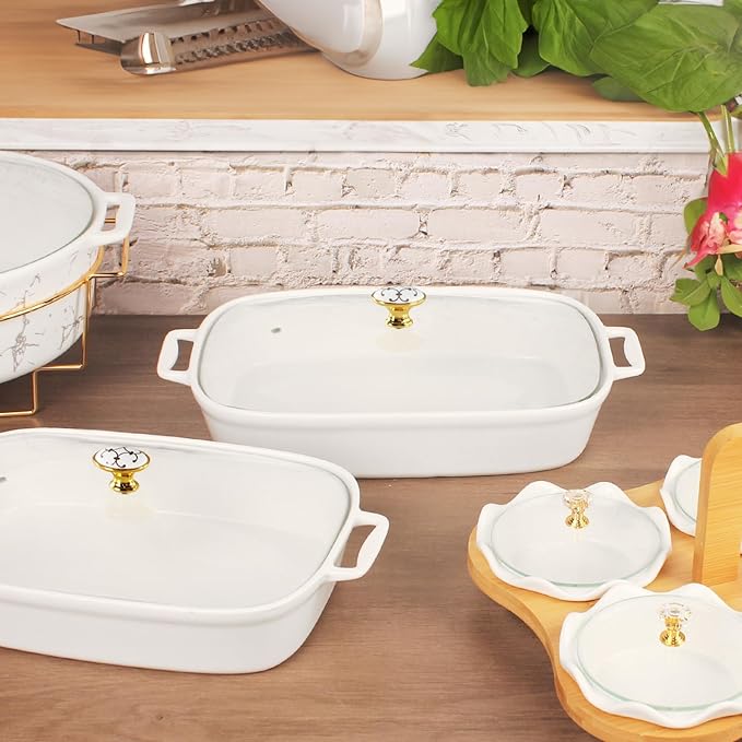 11" x 8" Ceramic Rectangular Casserole Dish with Glass Lid, 1.6 Quart White Serving Soup