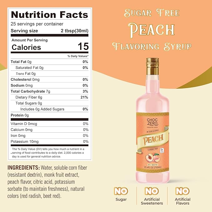 ChocZero Peach Syrup – Sugar Free Flavoring Syrup for Coffee, Tea & Cocktails – Keto Friendly, Low