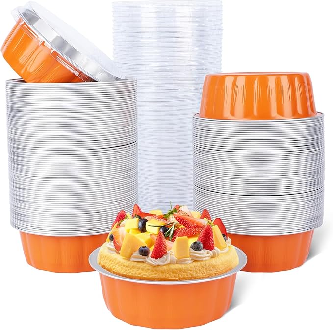Beasea Ramekins Baking Cups with Lids, 120 Pack 8 oz 4 Inch Mini Disposable Orange Aluminum Foil