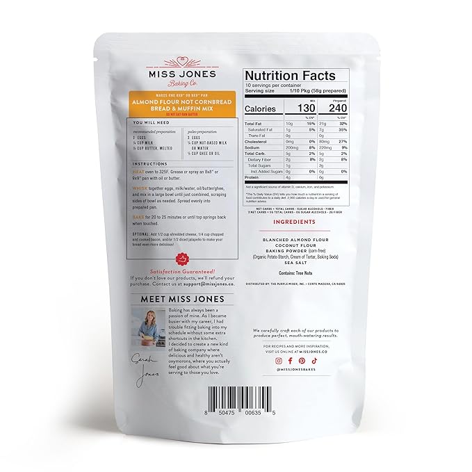 Miss Jones Baking Not Cornbread Muffin Mix - Almond Flour, Gluten Free, Low Carb, No Sugar Added