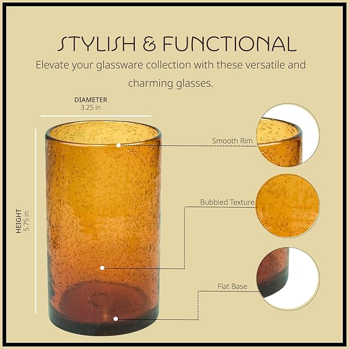 Artland 17oz Highball Tumbler, Set of 4 | Iris Seeded Design, Amber | Drinking Glass for Parties