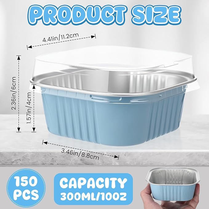 Aoriher 150 Pieces 10 oz Mini Cake Pans with Lids Aluminum Foil Baking Cups Square Disposable 4" x