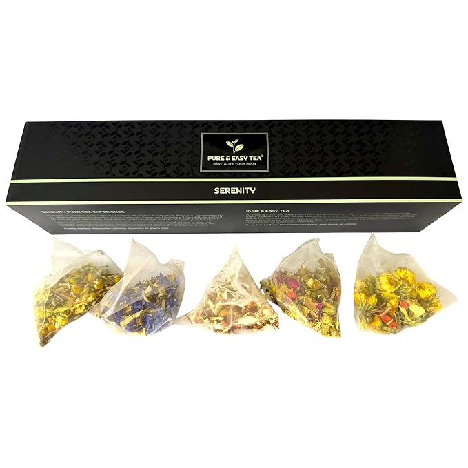 Pure And Easy Tea, Serenity Herbal Tea Sampler, 15 Count Caffeine-Free Variety with 5 Flavors
