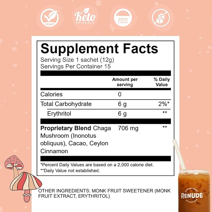 Renude Chagaccino - Chaga Mushroom Powder, Mushroom Coffee Drink Mix with Adaptogens, Natural