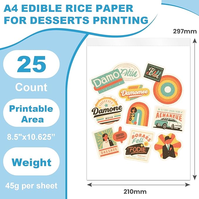 PatiFrussa 25 Count Edible Paper A4 11.7" x 8.3" Printable Frosting Sheets for Edible Printer