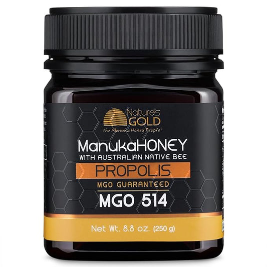 Nature’s Gold Raw Manuka Honey with Australian Native Bee Propolis, MGO 514+ | 8.8oz (250g), 100%