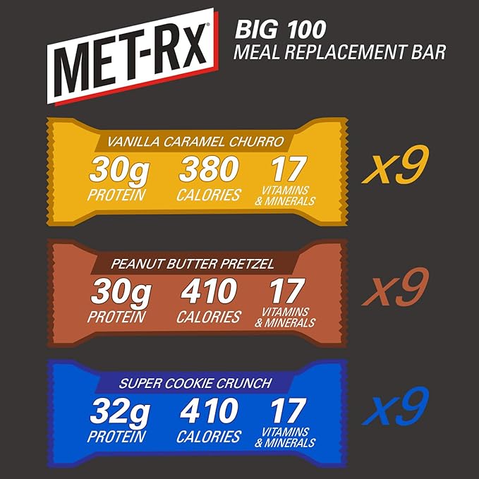MET-Rx Big 100 Colossal Protein Bars, Healthy Meal Replacement Snack, Variety Pack, 3.52 oz bars, 9