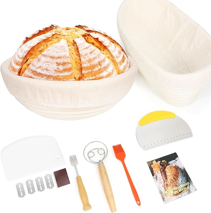 9 & 10 Inch Banneton Bread Proofing Basket Set with Liners,Dough Scraper,Bread Lame & Danish Whisk