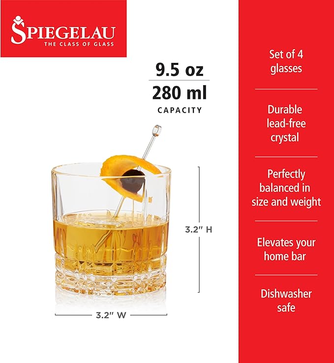 Spiegelau Perfect Serve Single Old Fashioned Glass Set of 4 - Lowball Cocktail Glasses