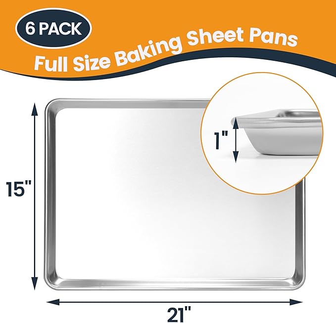 6 Pack Big Size Baking Sheet Pan, Aluminum Commercial Cookie Sheet Pan, Durable & Anti-Stick 15?쓝