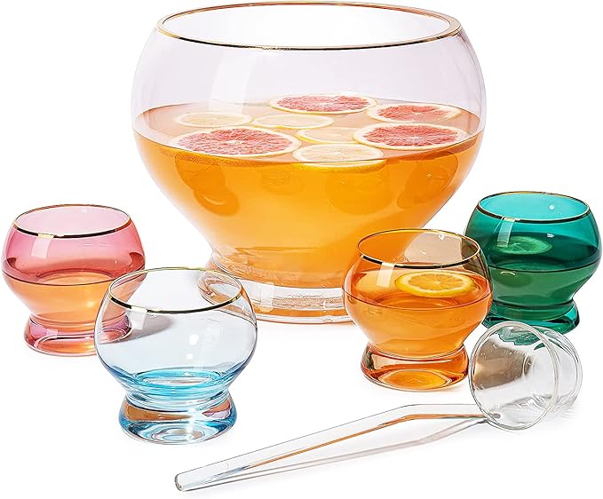 Colorful 1.7 Gallon Punch Bowl with 4 10oz Glasses Set with Ladle Gift For Mothers Day, Her, Wife