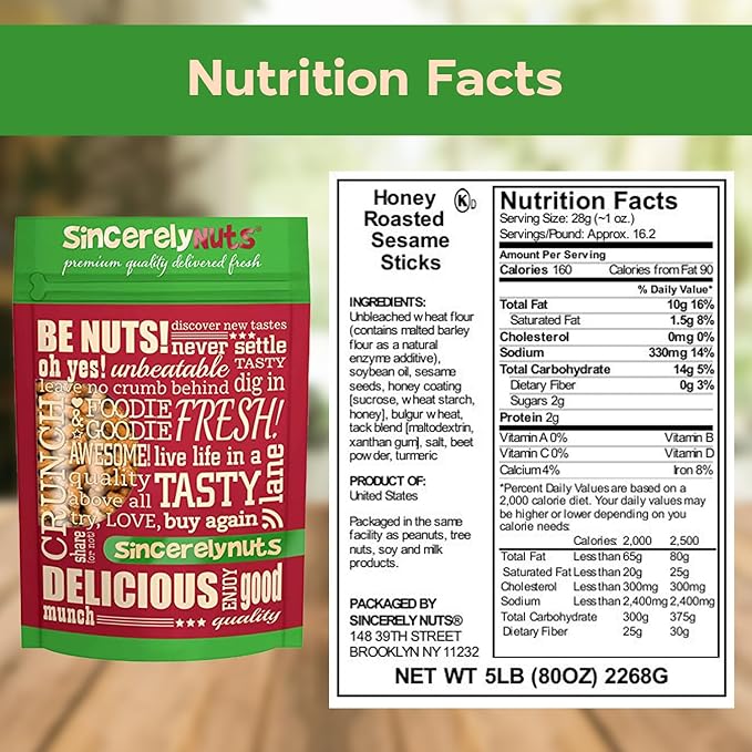 Sincerely Nuts Honey Sesame Sticks Snacks, 1lb - Kosher Certified - Crunchy Toasted Honey Sesame