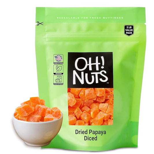 Oh! Nuts Dried Papaya Diced - 2 lb - Dried Fruit Diced - Less Sugar Added - Dehydrated Fruit Bites