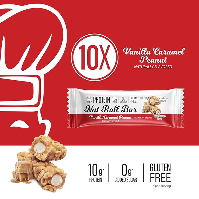 Genius Gourmet Nut Roll Bars Vanilla Caramel Peanut ??10g Protien, Zero Added Sugar, Gluten Free