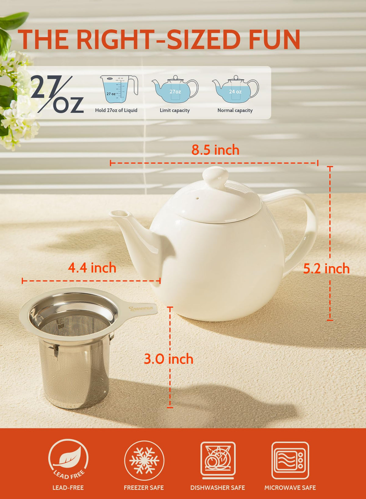 Sweese Teapots for Tea, 27 oz Porcelain Tea pot with Removable Stainless Steel Infuser, Tea Pots