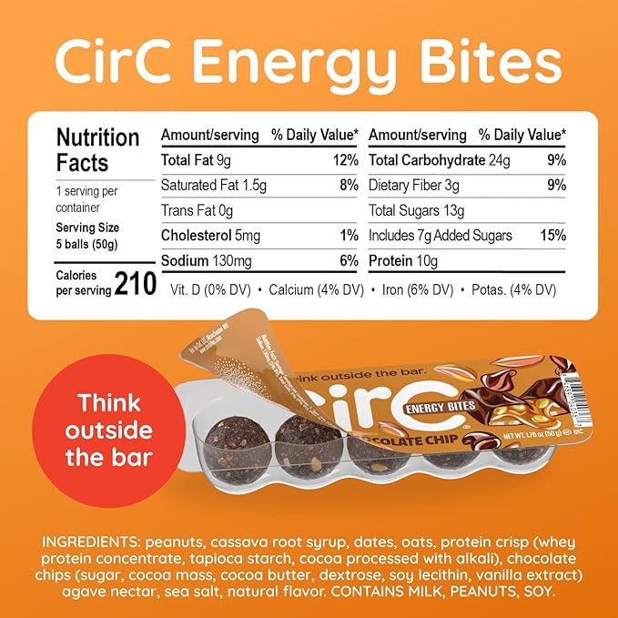 CirC Energy Bites - 12 Pack Caramel Chocolate Chip Gluten Free Protein Balls - 10g Protein, Whole