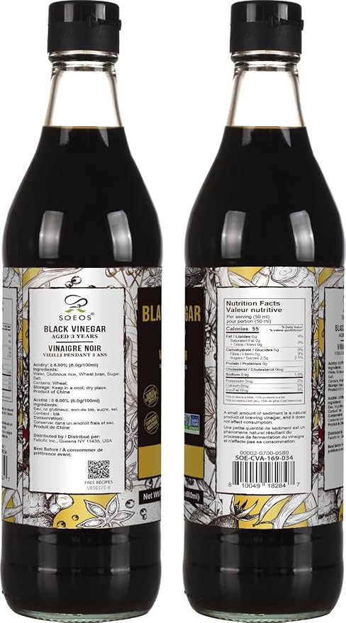 Soeos Chinkiang Vinegar 16.9 fl oz (500ml), 3 Years Aged, Naturally Fermented, Mature Aged Black