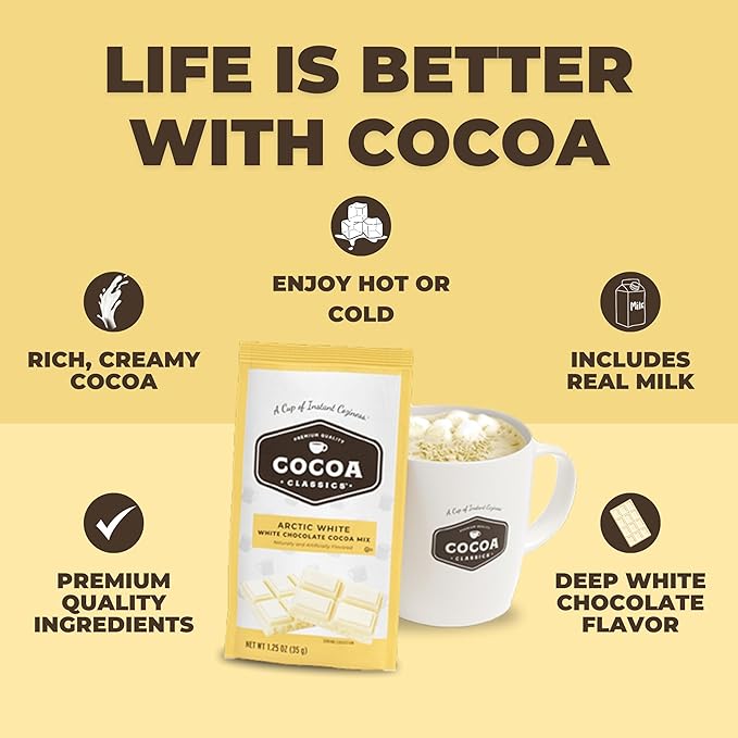 Cocoa Classics Arctic White Cocoa Mix, Hot Chocolate, Made with Nonfat Milk, Just Add Hot Water