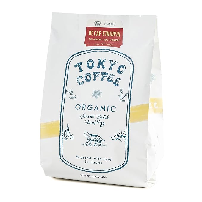 TOKYO COFFEE Ethiopia Moka Organic Decaf Coffee Beans - 12 oz Medium Dark Roast Whole Bean - Smooth