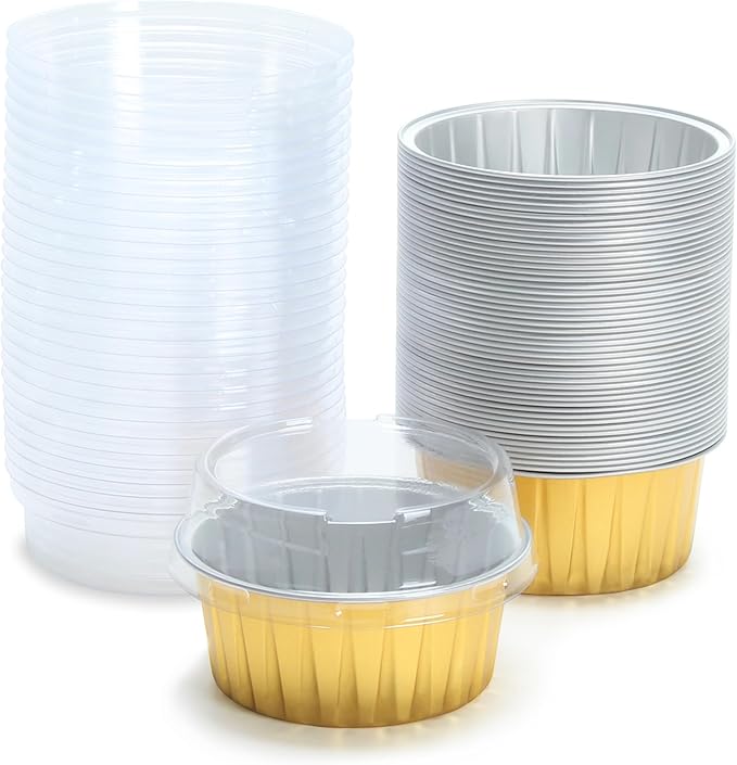 Aluminum Cups with Lids, 4.2oz 50Pcs Gold Disposable Cake Pans with Lids, Creme Brulee Cups, Mini