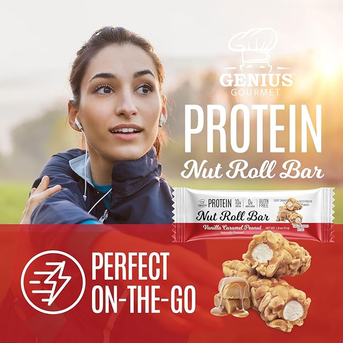 Genius Gourmet Nut Roll Bars Vanilla Caramel Peanut ??10g Protien, Zero Added Sugar, Gluten Free