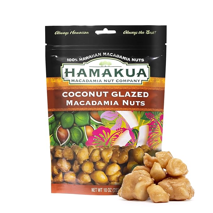 Hamakua Macadamia Nuts - Sweet Glazed Coconut - Hawaiian Grown Flavored Dry Roasted Half and Whole