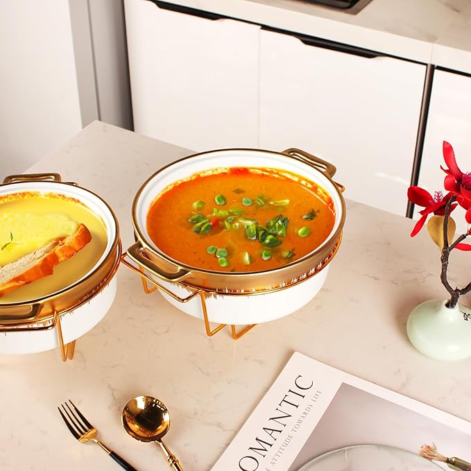 Ceramic Casserole Dish with rack and Glass Lid, 1.8 Qt Round Serving Soup Tureen with Handle