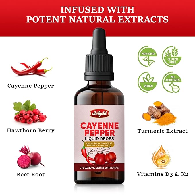Arigold Cayenne Pepper Liquid Drops ??2 fl oz (60 ml) Vegan Supplement with Vitamin D3 K2, Hawthorn