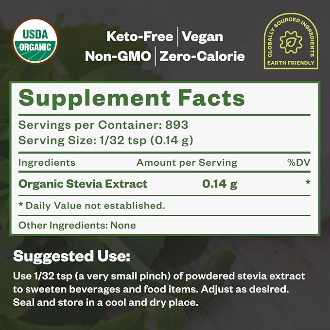 Organic Stevia Concentrated Powder, 125g, Organic Pure Stevia Powder, No Fillers, No Artificial