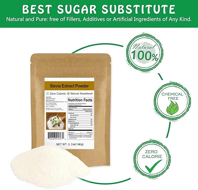 Pure Stevia Extract Powder without Erythritol 5.2oz(148g) - Highly Concentrated Stevia Powder