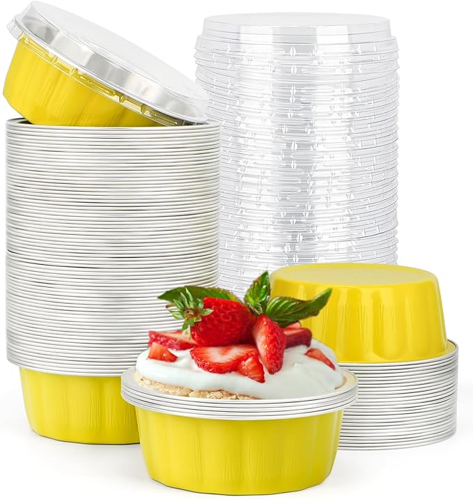 Beasea Aluminum Cups for Baking, 8oz 100 Pack Disposable Ramekins with Lids, Lemon Yellow Aluminum